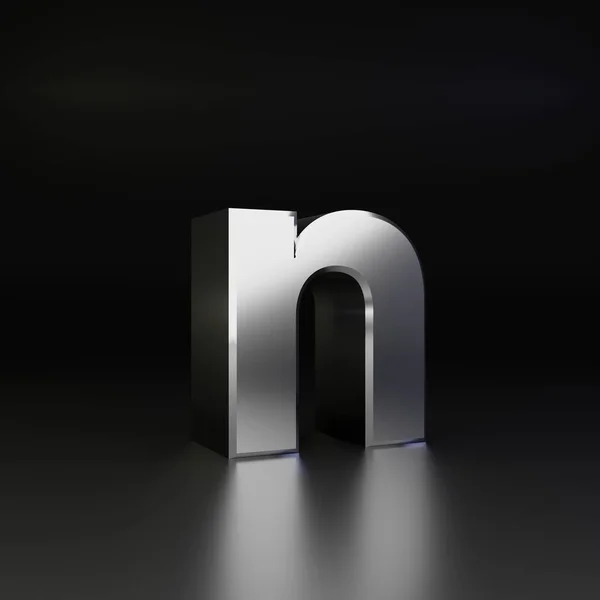 Chrome letter N lowercase. 3D render shiny metal font isolated on black background — Stock Photo, Image