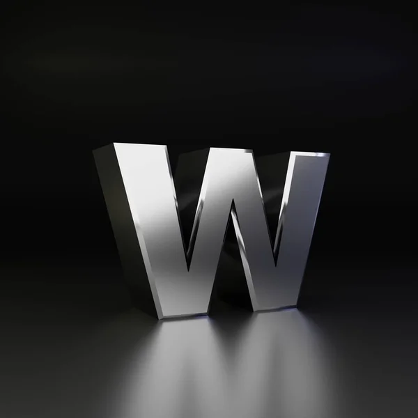 Chrome bokstaven W gemener. 3D render glänsande metall teckensnitt isolerad på svart bakgrund — Stockfoto