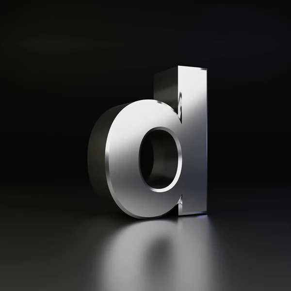 Chrome letter D kleine letters. 3D render glanzende metalen lettertype geïsoleerd op zwarte achtergrond — Stockfoto