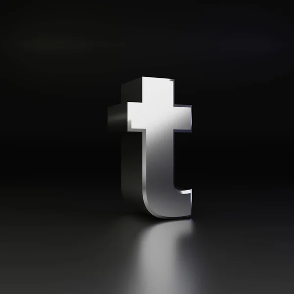 Chrome letter T lowercase. 3D render shiny metal font isolated on black background — Stock Photo, Image