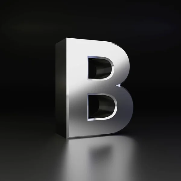 Хромова літера B верхній регістр. 3D візуалізація блискучого металевого шрифту ізольовано на чорному фоні — стокове фото