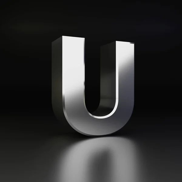 Chrome letter U uppercase. 3D render shiny metal font isolated on black background — Stock Photo, Image