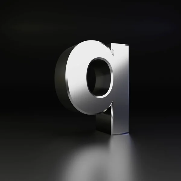크롬 편지 Q 소문자입니다. 3d 렌더링 빛나는 금속 글꼴 검은색에 고립 — 스톡 사진