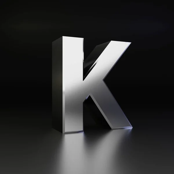 Хромова літера K верхній регістр. 3D візуалізація блискучого металевого шрифту ізольовано на чорному фоні — стокове фото