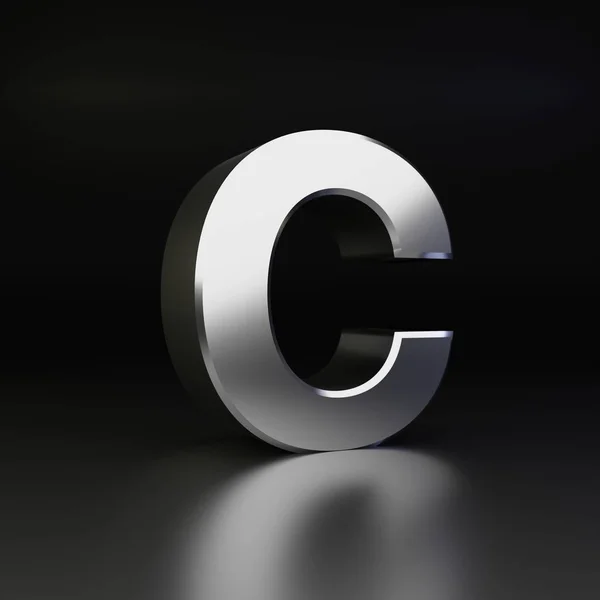 铬字母 C 大写。3d 渲染在黑色背景上隔离的闪亮金属字体 — 图库照片