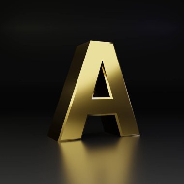 Golden letter A uppercase. 3D render shiny metal font isolated on black background clipart