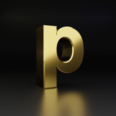 Altın harf P küçük. siyah arka plan üzerine izole 3d render parlak metal yazı tipi