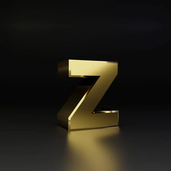 Золота літера Z в нижньому регістрі. 3D візуалізація блискучого металевого шрифту ізольовано на чорному фоні — стокове фото