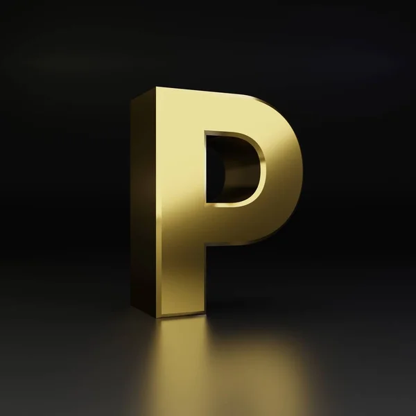 Золотая буква P прописная. 3D рендеринг блестящий металлический шрифт изолирован на черном фоне — стоковое фото
