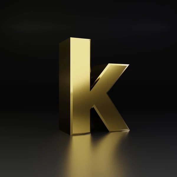 Золотая буква К в нижнем регистре. 3D рендеринг блестящий металлический шрифт изолирован на черном фоне — стоковое фото