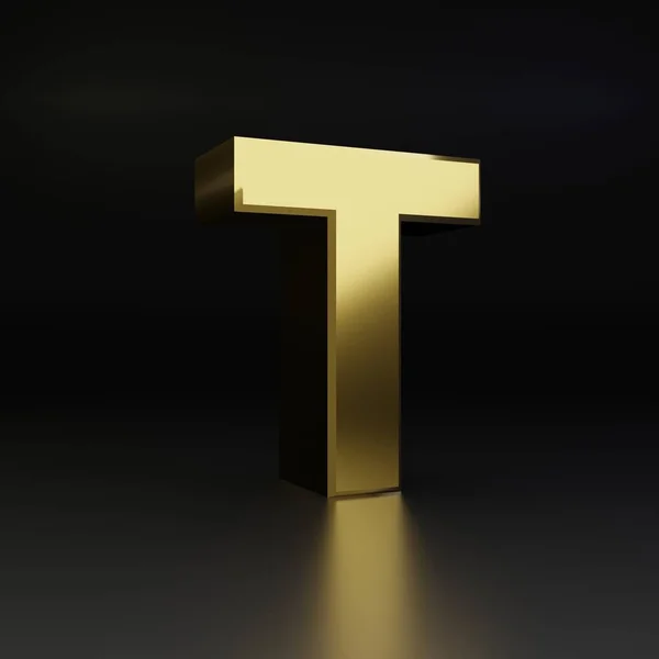 Golden letter T uppercase. 3D render shiny metal font isolated on black background — Stock Photo, Image