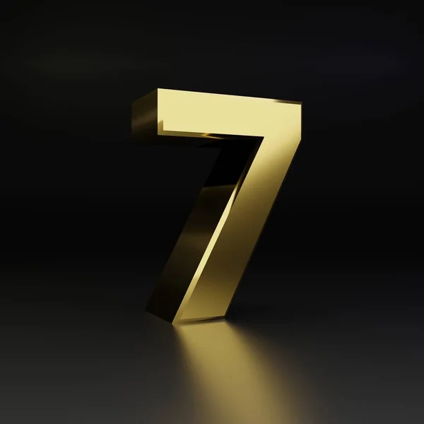 Zlaté číslo 7. 3D vykreslení lesklé kovové písmo izolované na černém pozadí — Stock fotografie