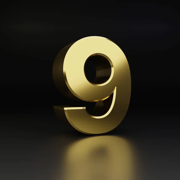 Número de ouro 9. 3D renderizar fonte metal brilhante isolado em fundo preto — Fotografia de Stock
