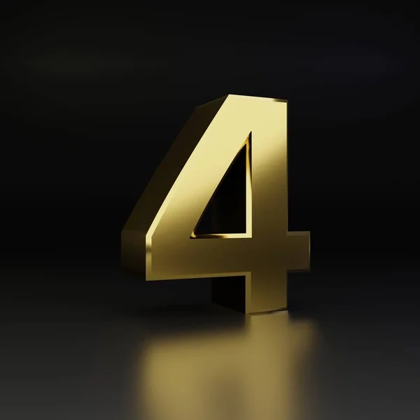 Золотой номер 4. 3D рендеринг блестящий металлический шрифт изолирован на черном фоне — стоковое фото