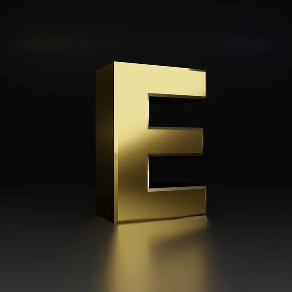 Golden letter E uppercase. 3D render shiny metal font isolated on black background — Stock Photo, Image