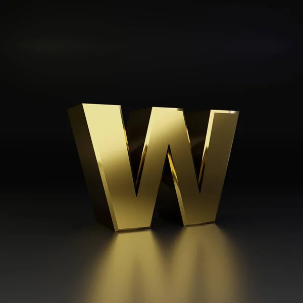 Złote litery W małe. 3D render błyszczący metal czcionki na białym na czarnym tle — Zdjęcie stockowe