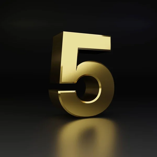 Zlaté číslo 5. 3D vykreslení lesklé kovové písmo izolované na černém pozadí — Stock fotografie