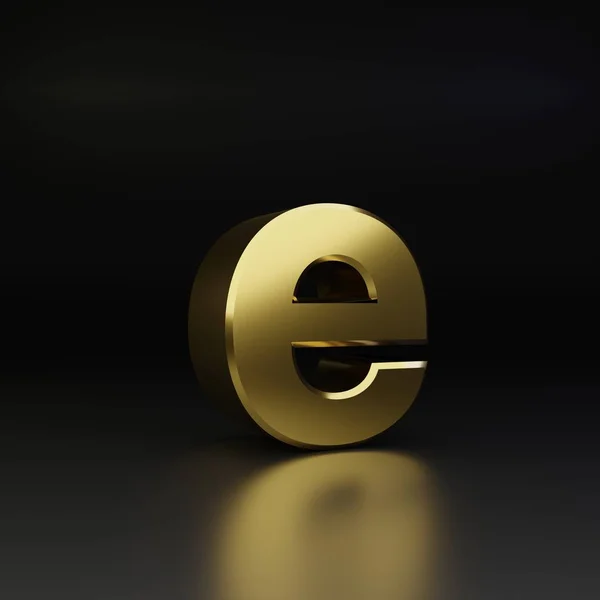 Letra dorada E minúscula. 3D render shiny metal fuente aislada sobre fondo negro — Foto de Stock