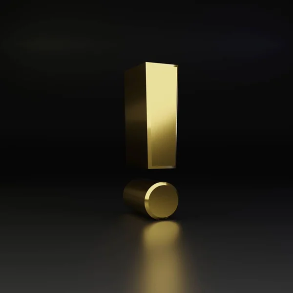 Signatura dorada del signo de exclamación. 3D render shiny metal fuente aislada sobre fondo negro — Foto de Stock