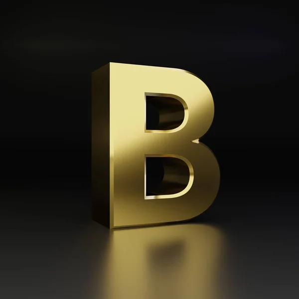 Golden letter B uppercase. 3D render shiny metal font isolated on black background