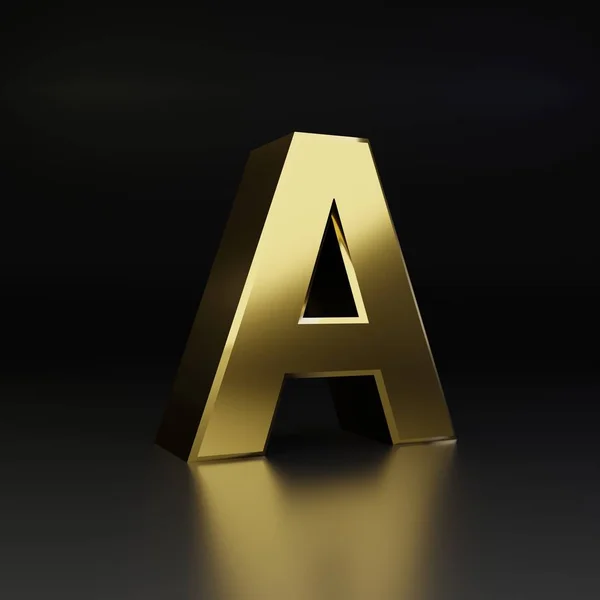 Huruf emas A uppercase. 3D render font metal mengkilap terisolasi di latar belakang hitam — Stok Foto