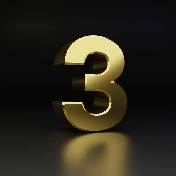 Numero tre d'oro. 3D rendere lucido font metallo isolato su sfondo nero — Foto Stock
