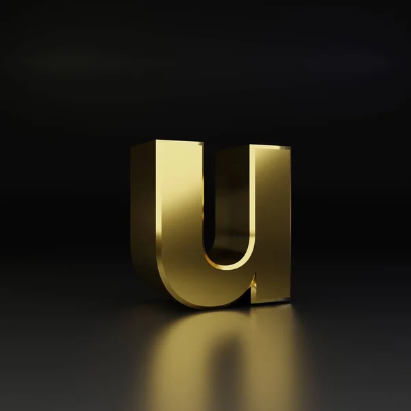 Золота літера U-нижній регістр. 3D візуалізація блискучого металевого шрифту ізольовано на чорному фоні — стокове фото