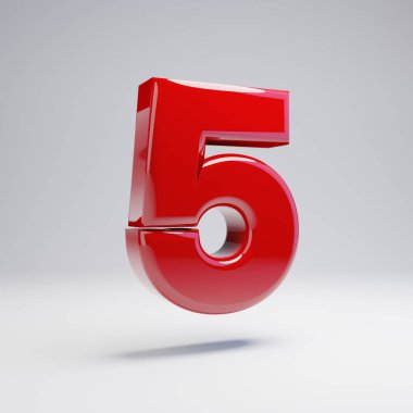 Beyaz arka planda yalıtılmış Volumetrik parlak kırmızı sayı 5. 3D alfabe işlenmiş. Afiş, poster, kapak, logo tasarım şablon elemanı için modern yazı.
