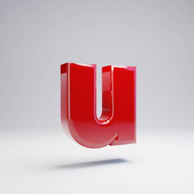 Volumetric parlak kırmızı küçük harf U beyaz arka planda izole. 3D alfabe işlenmiş. Afiş, poster, kapak, logo tasarım şablon elemanı için modern yazı.