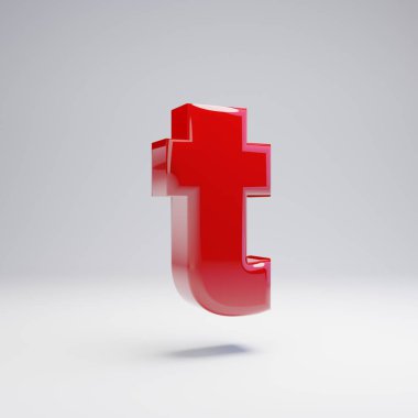 Beyaz arka planda yalıtılmış Volumetrik parlak kırmızı küçük harf T. 3D alfabe işlenmiş. Afiş, poster, kapak, logo tasarım şablon elemanı için modern yazı.