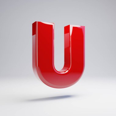 Volumetric parlak kırmızı büyük harf U beyaz arka planda izole. 3D alfabe işlenmiş. Afiş, poster, kapak, logo tasarım şablon elemanı için modern yazı.