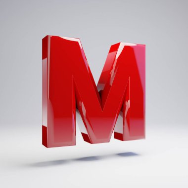 Beyaz arka planda yalıtılmış Volumetrik parlak kırmızı büyük harf M. 3D alfabe işlenmiş. Afiş, poster, kapak, logo tasarım şablon elemanı için modern yazı.