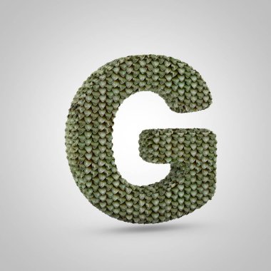 Volumetric Dragon Skin büyük harf G beyaz arka planda izole. ayrıntılı ölçekler doku ile 3B işlenmiş alfabe. Afiş, poster, kapak, logo tasarım şablon elemanı için modern yazı.