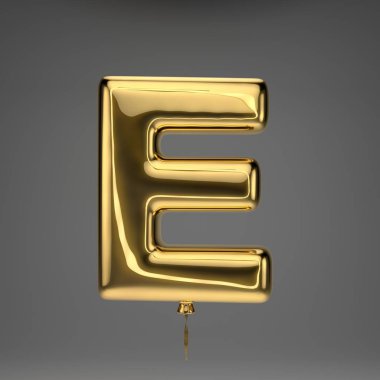 Altın parlak büyük harf E koyu arka plan üzerinde izole. 3d işlenmiş alfabe. Altın kurdele ile şişirilmiş ballon yazı tipi.