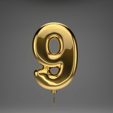 Altın parlak sayı 9 koyu arka plan üzerinde izole. 3d işlenmiş alfabe. Altın kurdele ile şişirilmiş ballon yazı tipi.