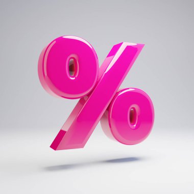 Beyaz arka planda izole hacimsel parlak pembe yüzde sembolü. 3d işlenmiş alfabe. Afiş, poster, kapak, logo tasarımı şablon öğesi için modern yazı tipi.
