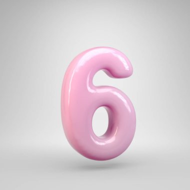 Bubble Gum pembe sayı 6 beyaz arka plan üzerinde izole. 3d işlenmiş alfabe. Reklam, poster, kapak, harf tasarımı şablon öğesi için modern yazı tipi.