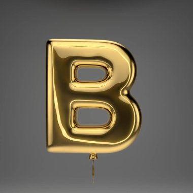 Altın parlak büyük harf B koyu arka plan üzerinde izole. 3d işlenmiş alfabe. Altın kurdele ile şişirilmiş ballon yazı tipi.
