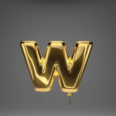 Altın parlak küçük harf W koyu arka plan üzerinde izole. 3d işlenmiş alfabe. Altın kurdele ile şişirilmiş ballon yazı tipi.