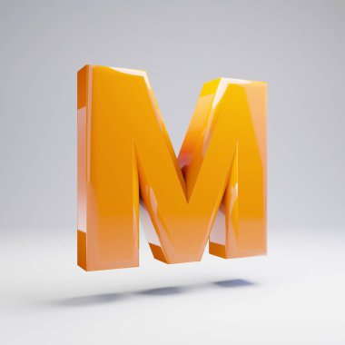 Hacimsel parlak sıcak turuncu büyük harf M beyaz arka plan üzerinde izole. 3d işlenmiş alfabe. Afiş, poster, kapak, logo tasarımı şablon öğesi için modern yazı tipi.