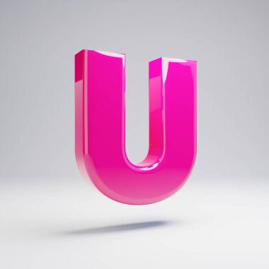 Hacimsel parlak pembe büyük harf U beyaz arka plan üzerinde izole. 3d işlenmiş alfabe. Afiş, poster, kapak, logo tasarımı şablon öğesi için modern yazı tipi.