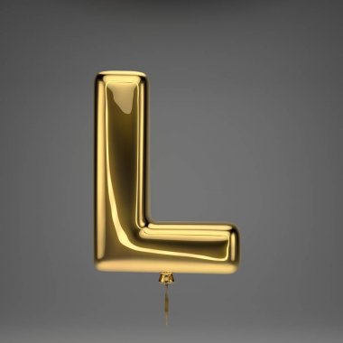 Altın parlak büyük harf L koyu arka plan üzerinde izole. 3d işlenmiş alfabe. Altın kurdele ile şişirilmiş ballon yazı tipi.