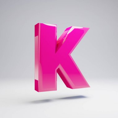 Hacimsel parlak pembe büyük harf K beyaz arka plan üzerinde izole. 3d işlenmiş alfabe. Afiş, poster, kapak, logo tasarımı şablon öğesi için modern yazı tipi.
