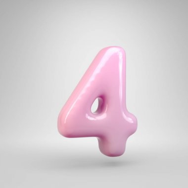 Bubble Gum pembe sayı 4 beyaz arka plan üzerinde izole. 3d işlenmiş alfabe. Reklam, poster, kapak, harf tasarımı şablon öğesi için modern yazı tipi.