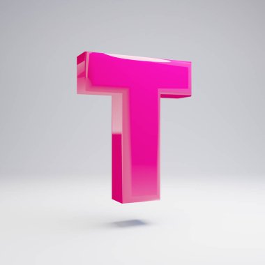 Hacimsel parlak pembe büyük harf T beyaz arka plan üzerinde izole. 3d işlenmiş alfabe. Afiş, poster, kapak, logo tasarımı şablon öğesi için modern yazı tipi.