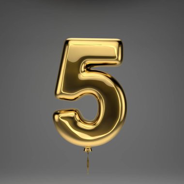 Altın parlak sayı 5 koyu arka plan üzerinde izole. 3d işlenmiş alfabe. Altın kurdele ile şişirilmiş ballon yazı tipi.