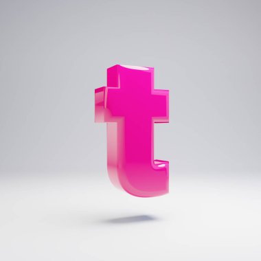 Hacimsel parlak pembe küçük harf T beyaz arka plan üzerinde izole. 3d işlenmiş alfabe. Afiş, poster, kapak, logo tasarımı şablon öğesi için modern yazı tipi.