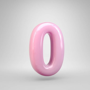 Bubble Gum pembe sayı 0 beyaz arka plan üzerinde izole. 3d işlenmiş alfabe. Reklam, poster, kapak, harf tasarımı şablon öğesi için modern yazı tipi.