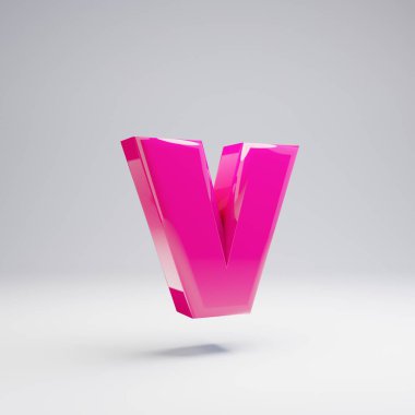Hacimsel parlak pembe küçük harf V beyaz arka plan üzerinde izole. 3d işlenmiş alfabe. Afiş, poster, kapak, logo tasarımı şablon öğesi için modern yazı tipi.