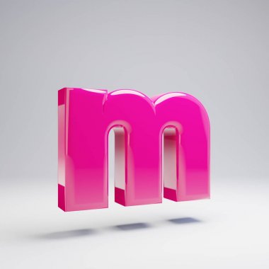 Hacimsel parlak pembe küçük harf M beyaz arka plan üzerinde izole. 3d işlenmiş alfabe. Afiş, poster, kapak, logo tasarımı şablon öğesi için modern yazı tipi.
